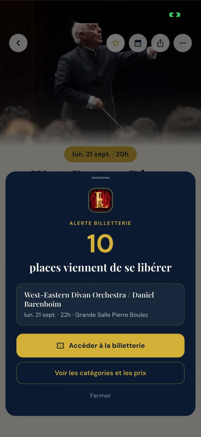 L’alerte ouverte dans l’application : « 10 places viennent de se libérer », avec le concert, la salle et l’accès direct à la billetterie